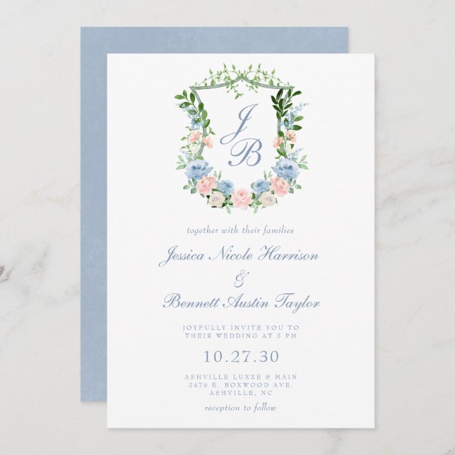 Dusty Blue Floral Crest Wedding Invitation (Front/Back)