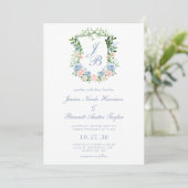 Dusty Blue Floral Crest Wedding Invitation (Standing Front)