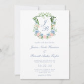 Dusty Blue Floral Crest Wedding Invitation (Front)