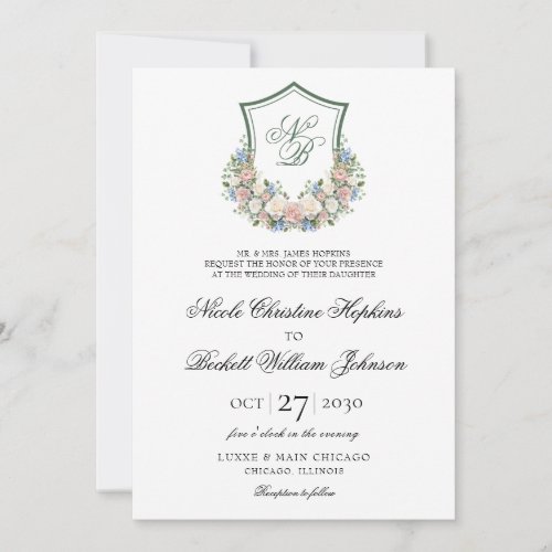 Dusty Blue Floral Crest Wedding Invitation