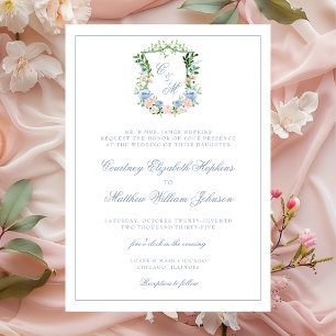 Dusty Blue Floral Crest Wedding Invitation