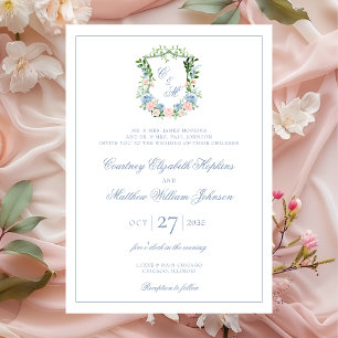 Dusty Blue Floral Crest Wedding Invitation