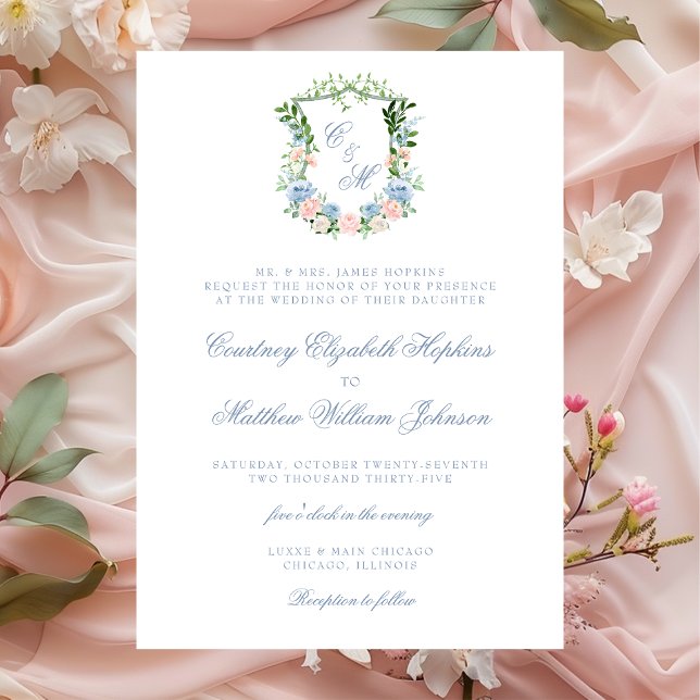 Dusty Blue Floral Crest Wedding Invitation (Creator Uploaded)