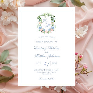 Dusty Blue Floral Crest Wedding Invitation