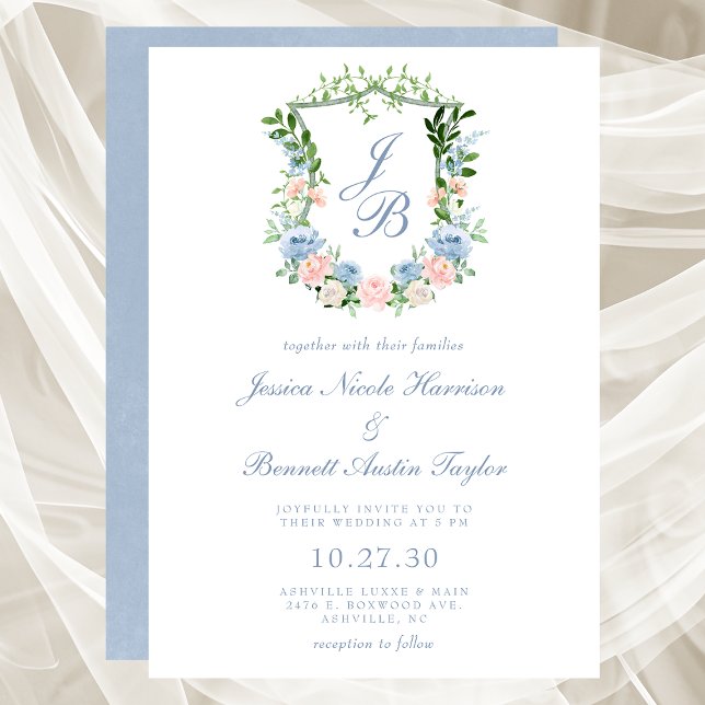 Dusty Blue Floral Crest Wedding Invitation (Creator Uploaded)