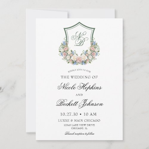 Dusty Blue Floral Crest Wedding Invitation