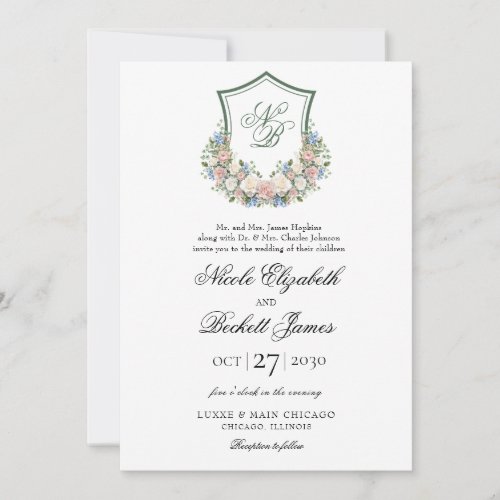 Dusty Blue Floral Crest Wedding Invitation