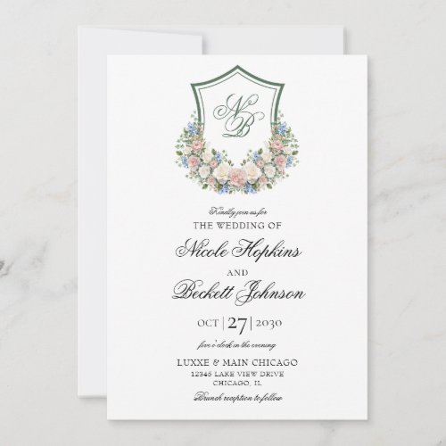 Dusty Blue Floral Crest Wedding Invitation