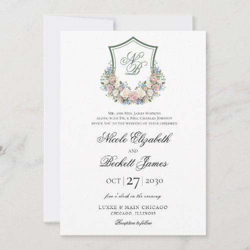 Dusty Blue Floral Crest Wedding Invitation