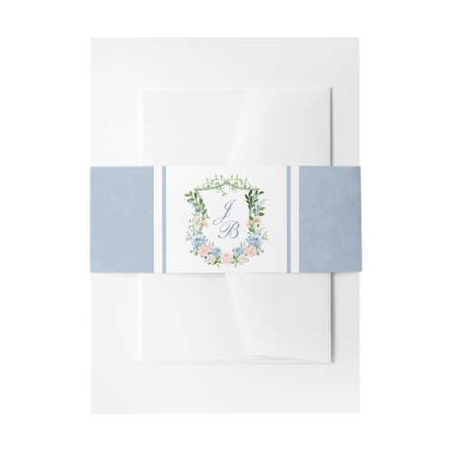 Dusty Blue Floral Crest Wedding Invitation Belly Band