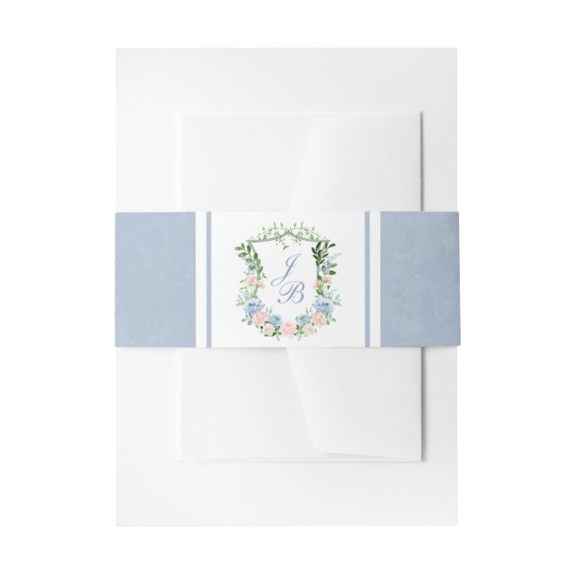 Dusty Blue Floral Crest Wedding Invitation Belly Band (Front Example)