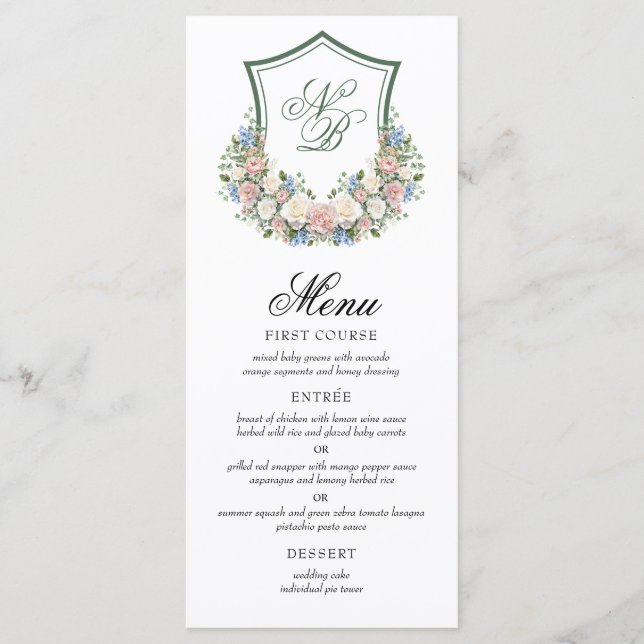 Dusty Blue Floral Crest Wedding Menu (Front)