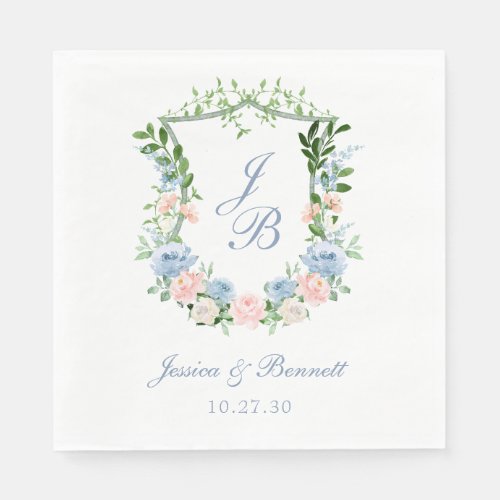 Dusty Blue Floral Crest Wedding Napkins