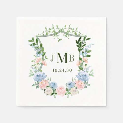 Dusty Blue Floral Crest Wedding Napkins