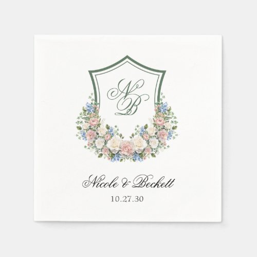 Dusty Blue Floral Crest Wedding Napkins