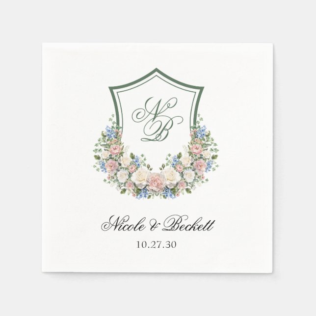 Dusty Blue Floral Crest Wedding Napkins (Front)