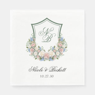 Dusty Blue Floral Crest Wedding Napkins