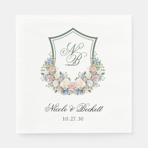 Dusty Blue Floral Crest Wedding Napkins