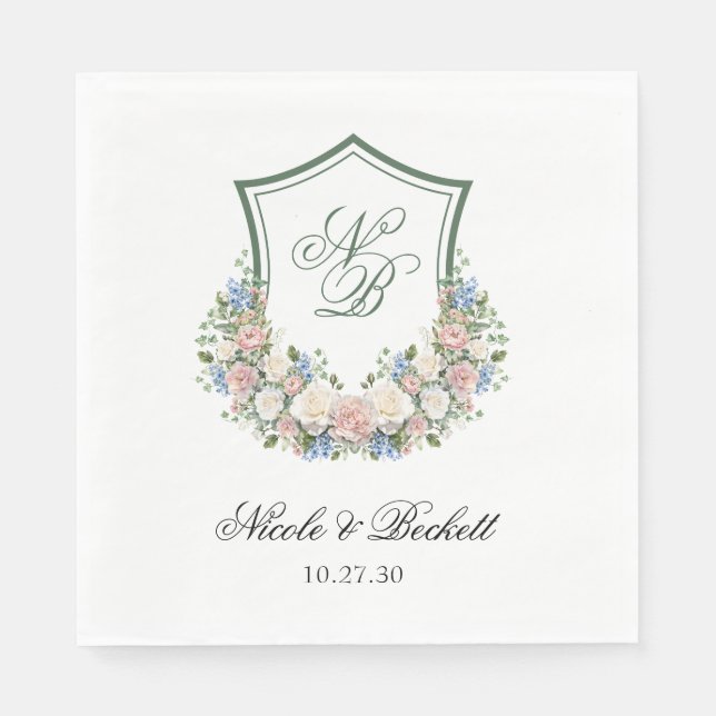 Dusty Blue Floral Crest Wedding Napkins (Front)