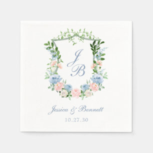 Dusty Blue Floral Crest Wedding Napkins