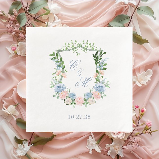 Dusty Blue Floral Crest Wedding Napkins (Creator Uploaded)
