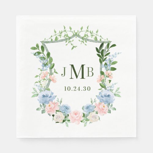 Dusty Blue Floral Crest Wedding Napkins