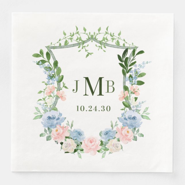 Dusty Blue Floral Crest Wedding Paper Dinner Napkins (Front)