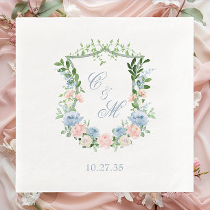 Dusty Blue Floral Crest Wedding Paper Dinner Napkins