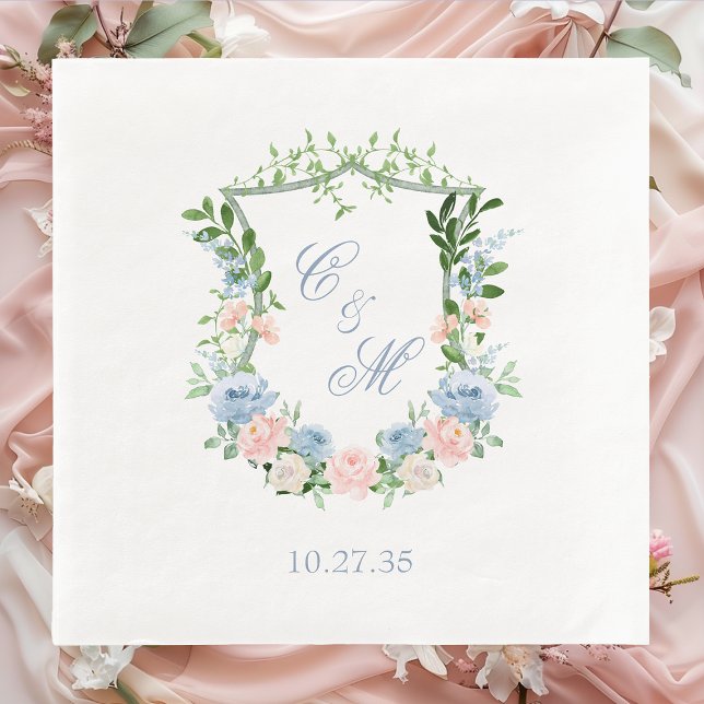 Dusty Blue Floral Crest Wedding Paper Dinner Napkins (Creator Uploaded)