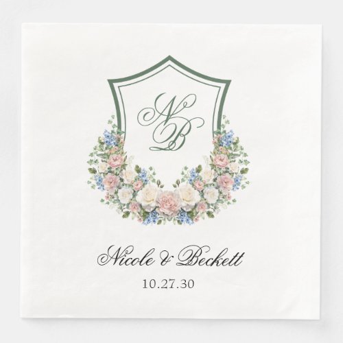 Dusty Blue Floral Crest Wedding Paper Dinner Napkins