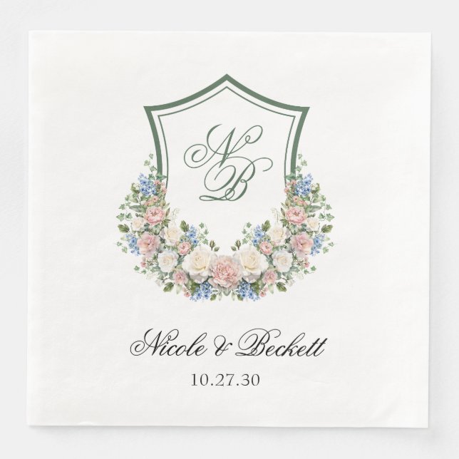Dusty Blue Floral Crest Wedding Paper Dinner Napkins (Front)