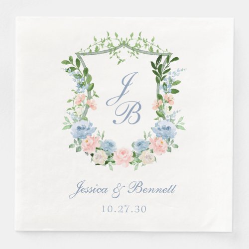 Dusty Blue Floral Crest Wedding Paper Dinner Napkins