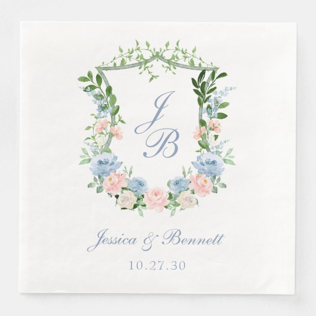 Dusty Blue Floral Crest Wedding Paper Dinner Napkins (Front)