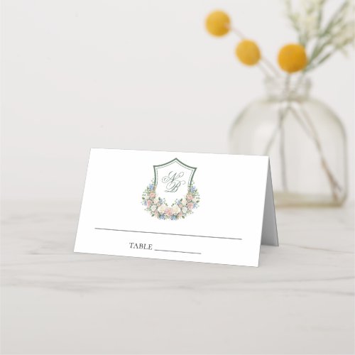 Dusty Blue Floral Crest Wedding Place Card