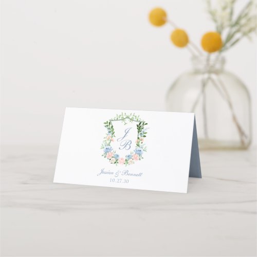 Dusty Blue Floral Crest Wedding Place Card