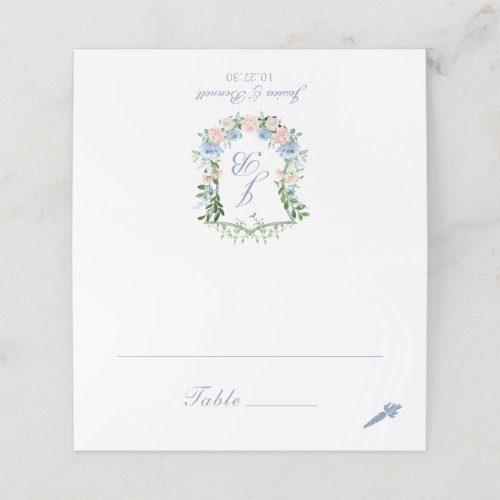Dusty Blue Floral Crest Wedding Place Card