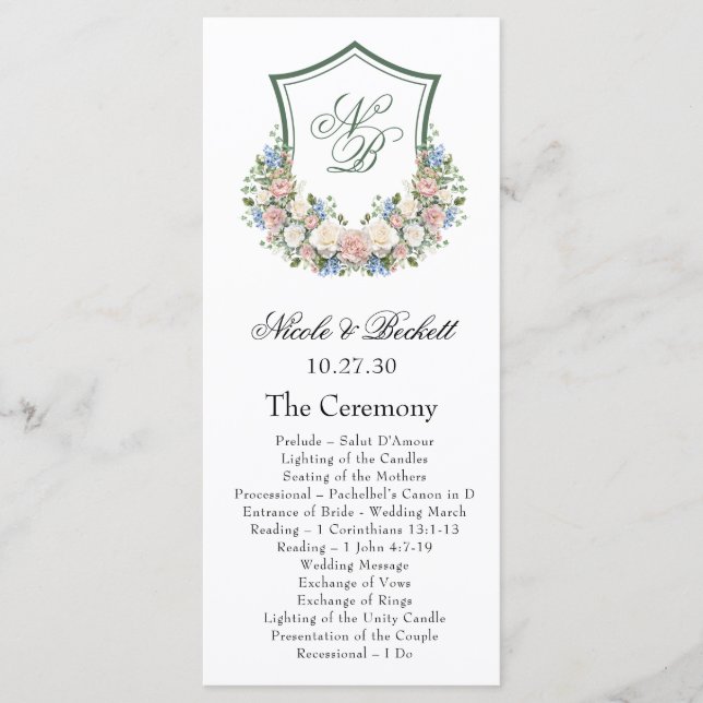 Dusty Blue Floral Crest Wedding Program (Front)