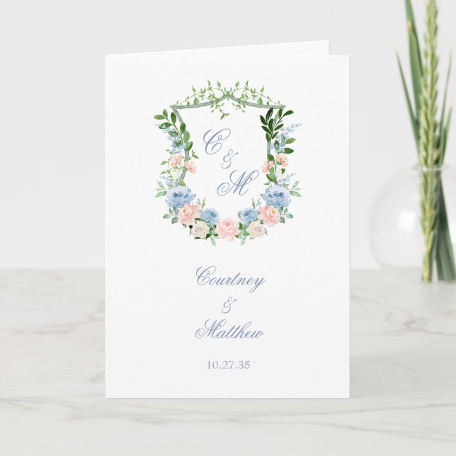 Dusty Blue Floral Crest Wedding Program (Front)