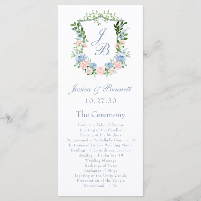 Dusty Blue Floral Crest Wedding Program (Front)