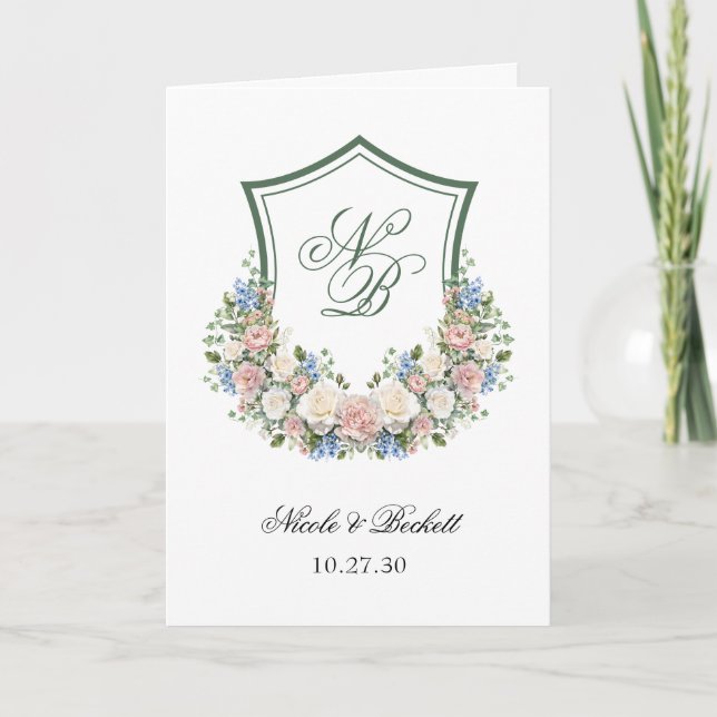 Dusty Blue Floral Crest Wedding Program (Front)