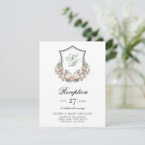 Dusty Blue Floral Crest Wedding Reception Enclosure Card