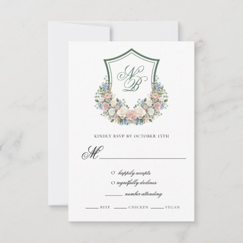 Dusty Blue Floral Crest Wedding Response Card