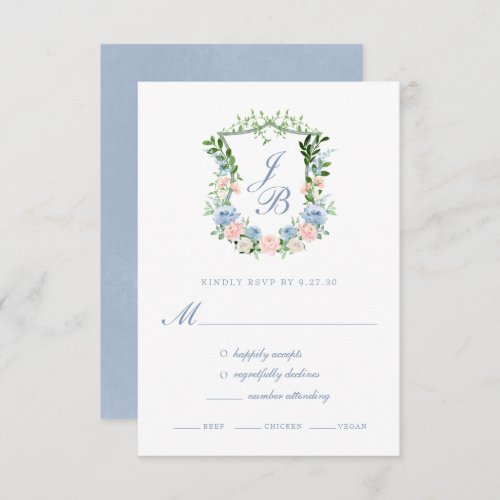 Dusty Blue Floral Crest Wedding Response Card