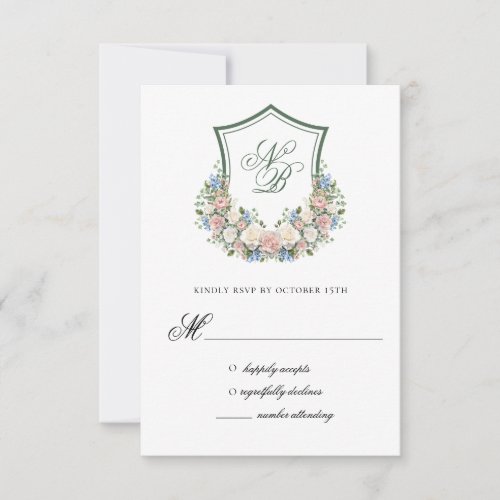 Dusty Blue Floral Crest Wedding Response Card