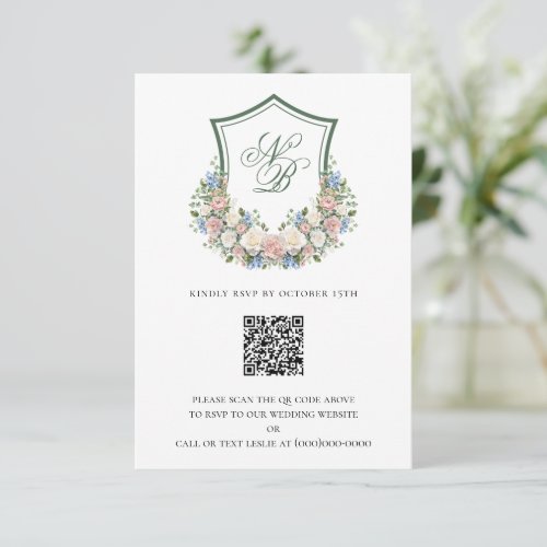 Dusty Blue Floral Crest Wedding RSVP Card