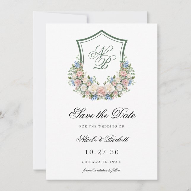 Dusty Blue Floral Crest Wedding Save The Date (Front)