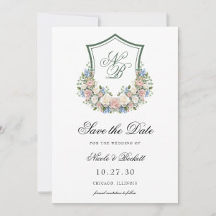 Dusty Blue Floral Crest Wedding Save The Date