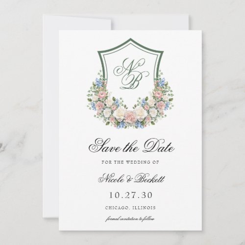 Dusty Blue Floral Crest Wedding Save The Date