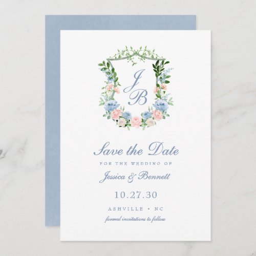 Dusty Blue Floral Crest Wedding Save The Date