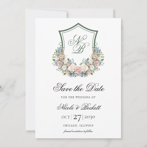 Dusty Blue Floral Crest Wedding Save The Date